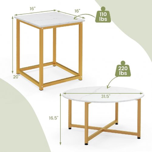 3pc costway Coffee Table Set End Side Tables with Metal Frame - white/gold (model: jv13195wh) image 2