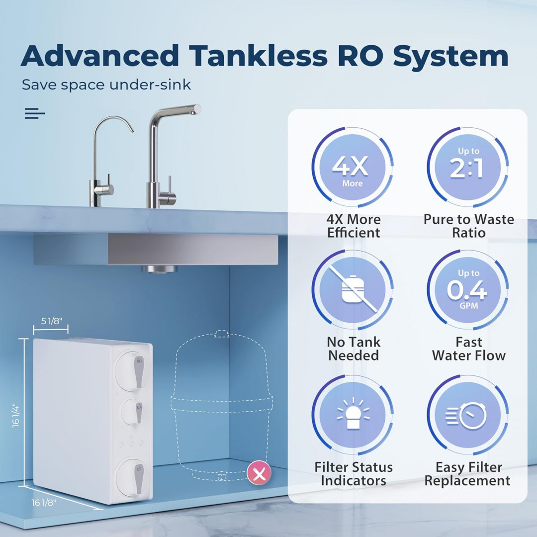 iSpring NSF Certified Tankless RO Reverse Osmosis Water Filtration System - 500 GPD Fast Flow with Natural pH Alkaline Remineralization - Brushed Nickel Faucet (model: RO500AK-BN) image 4