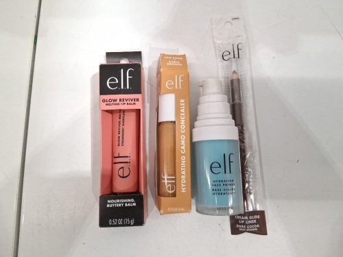 4 assorted elf makeup products - assorted  sizes, types and uses - lip balm / concealer / face primer / lip liner image 2