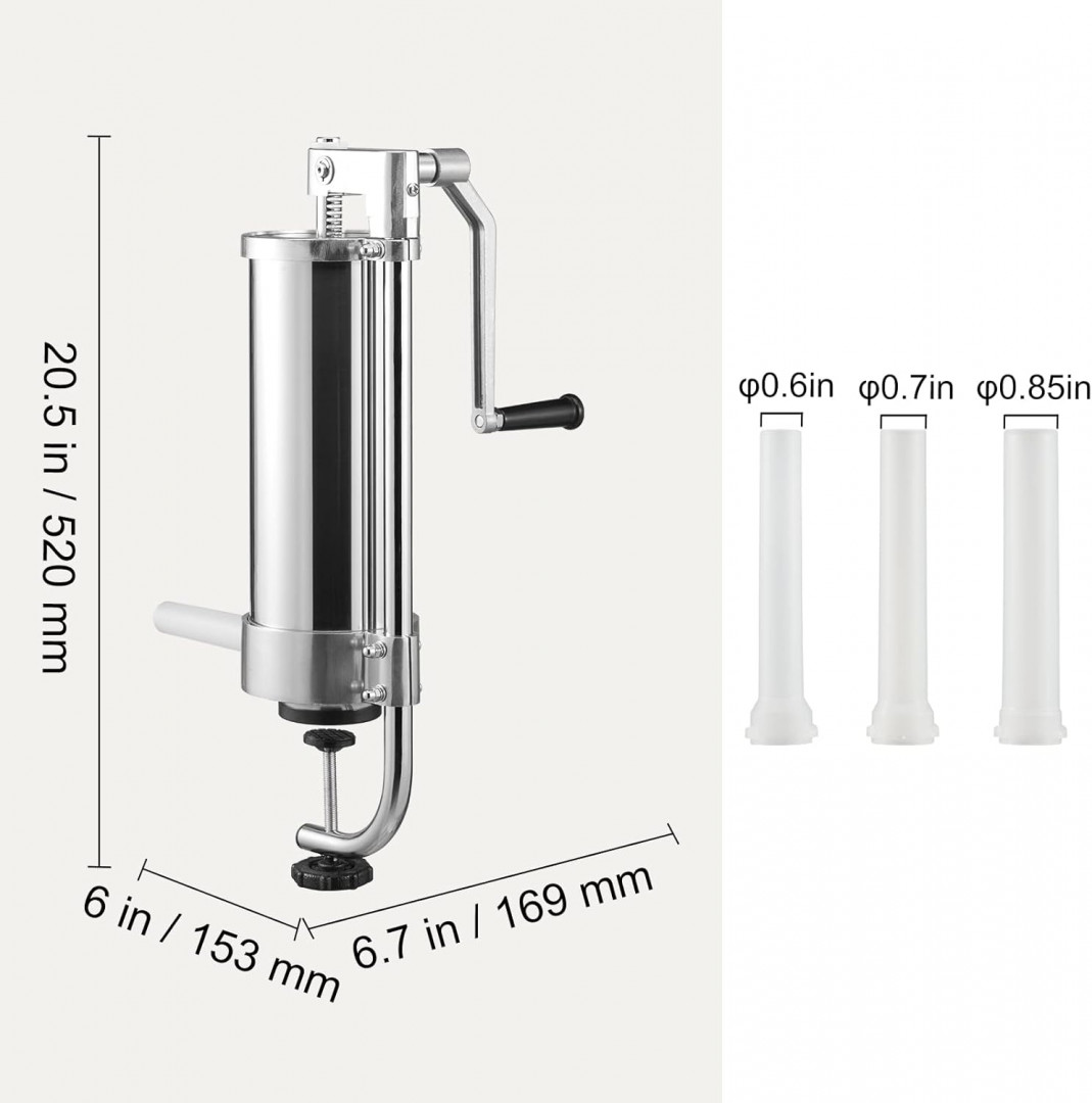 vevor Stainless Steel Vertical Sausage Stuffer with Suction Base, Manual Crank & 3 stuffing tubes - 5lb capacity - (model: es-3l) image 2