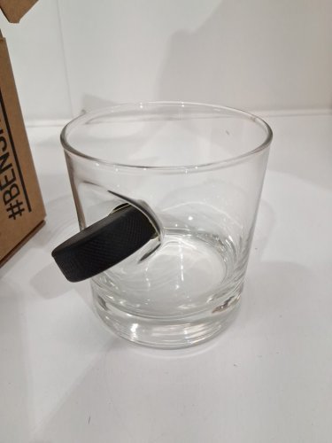 mini hockey puck embedded whiskey glass - 11oz - clear/black image 3
