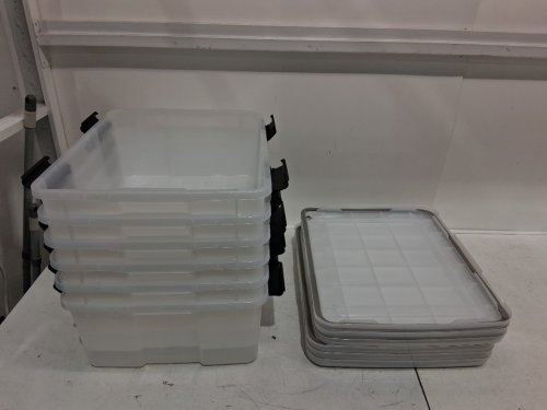 6PK IRIS STACK & PULL PLASTIC STORAGE BOXES WITH LOCKING LIDS - 30L (18.85'' X 14.38'' X 10.5'')- CLEAR WITH BLACK HANDLES image 3