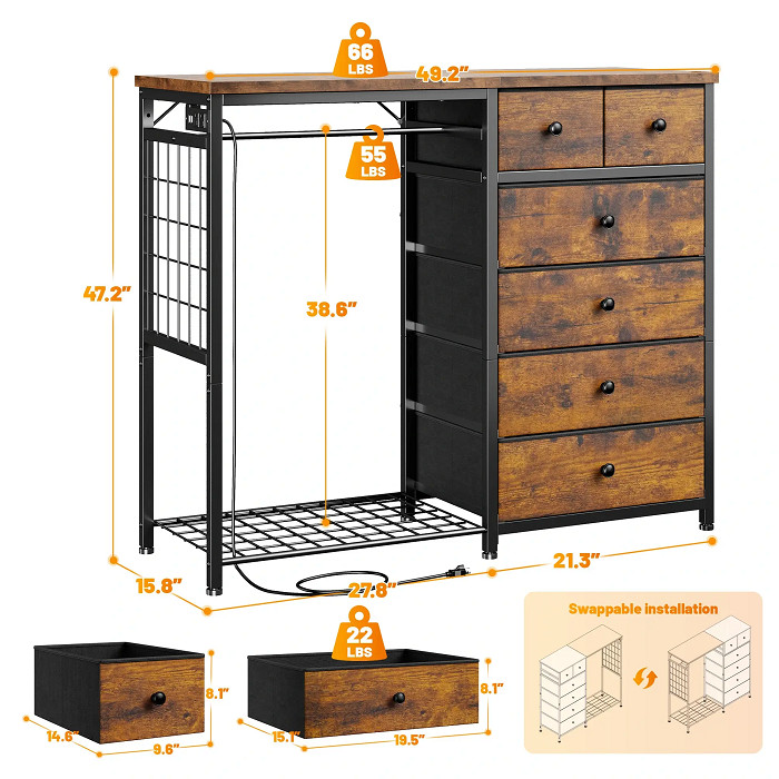 snhomee 6-fabric drawer dresser with hanging rack, LED lights & charging station - 16" x 47" x 49" - rustic brown (model: 55scdru2) image 2