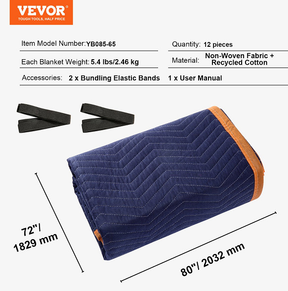 12pk heavy duty moving blankets - 80" x 72" - non-woven & recycled cotton packing blanket - blue/orange (model: yb085-35) image 3