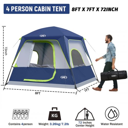 UNP 4-Person Waterproof Family Camping Shelter Dome Tent - 8FT X 7FT X 72" - OCEAN BLUE (MODEL: UNP-8772-OB) image 2