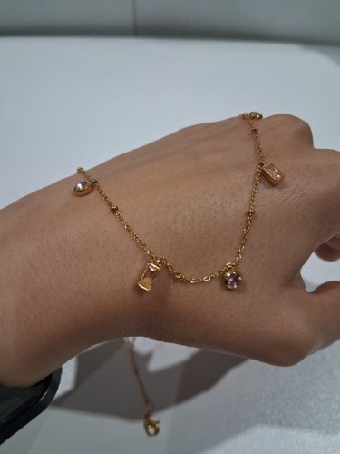 stainless steel small round and rectangle cubic zirconia charm necklace -15" - 18" - gold/pink/peach image 4