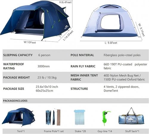 three bears waterproof 6 person camping tent - 14ft 5" x 10ft x 6ft 4" - dark blue (model: lc03-6p) image 2