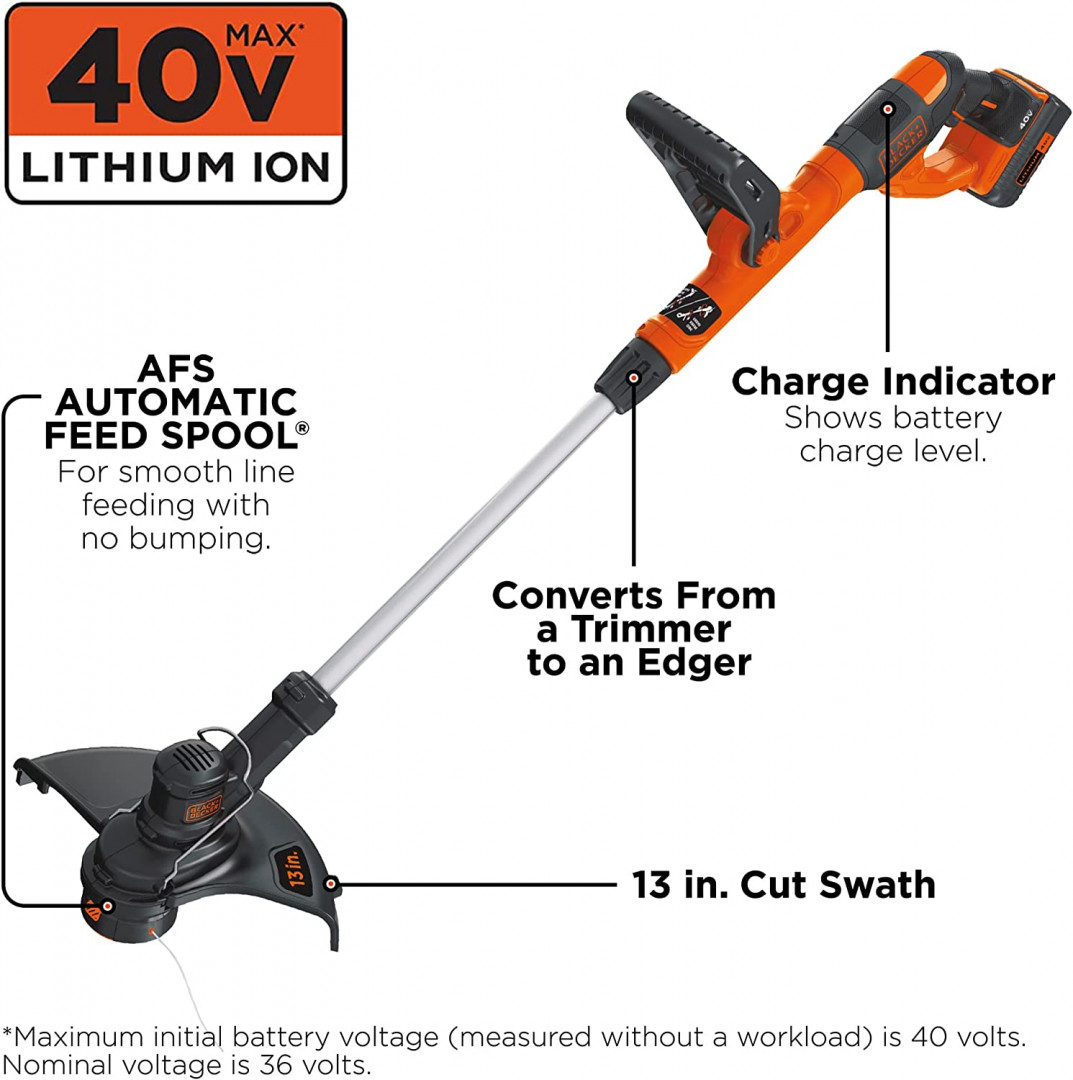 BLACK + DECKER 2-IN-1 CORDLESS STRING TRIMMER AND EDGER KIT WITH CHARGER - 40V MAX, 13" CUT SWATH - orange/black (MODEL: LST140C) image 2