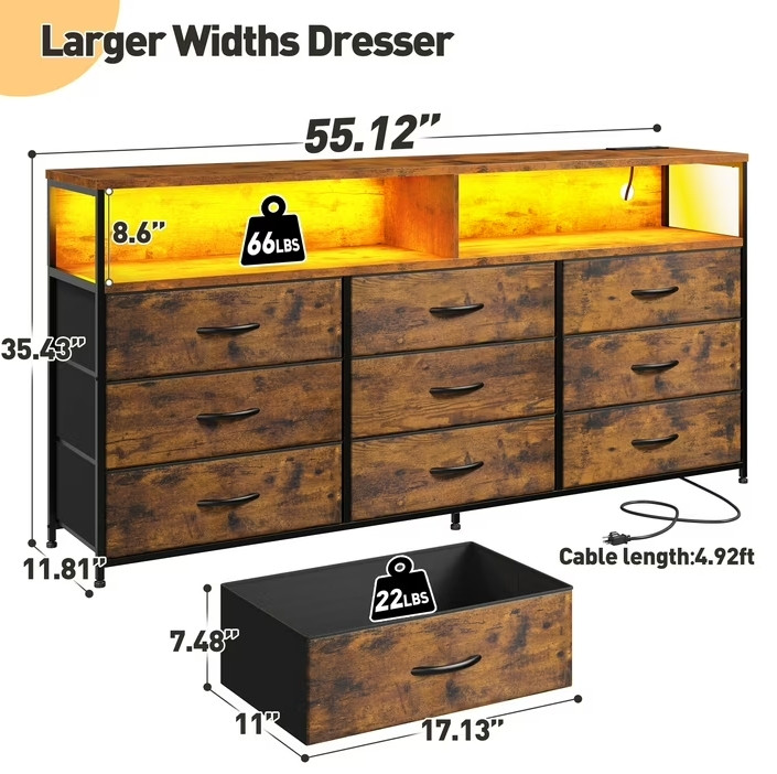 enhomee 9 drawer fabric dresser/tv stand with led lights and charging station - 55" x 12" x 35" - rustic brown - (model: 55scdrg1) image 3