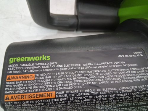 GREENWORKS ELECTRIC/CORDED CHAINSAW - 14" BLADE - 10.5A - GREEN (MODEL: 20222CA) image 7