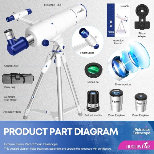 HUGERSTAR High Powered Telescope with tripod, phone adapter, and carry bag - 90mm aperture - 550mm portable travel refractor - White image 2