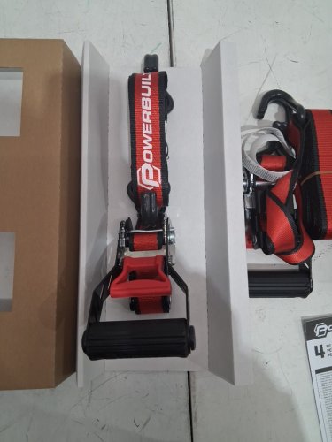 4PC Powerbuilt Ratchet Tie-Down Strap Set with Sliding Handles - 1100LB Max Load - 3300LB Break Strength - Black/Red (Model: 1947198) image 4