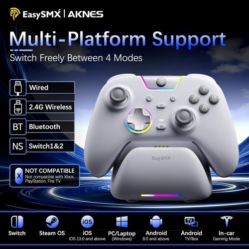 EasySMX X05 Pro Wireless Gaming Controller with charging base for PC/Switch/Android/iOS/Steam - bluetooth , wired and usb connection - dual stage triggers - 2 Programmable Buttons - white (model:x0spro) image 2