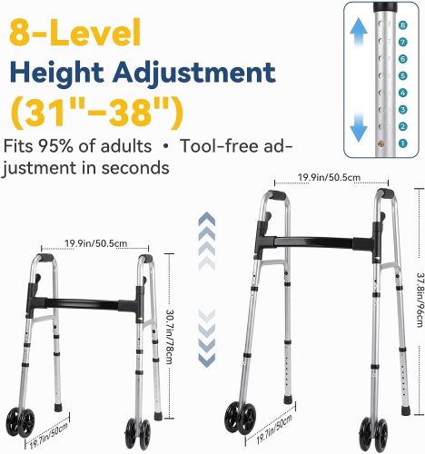 Olycism Folding Rolling Walker with Reflective Strip Basket - 350LBS CAP - 19.9" x 19.7" x 30.7" to 37.8" - Reflective Silver (Model: B0GYW1J2M4) image 2