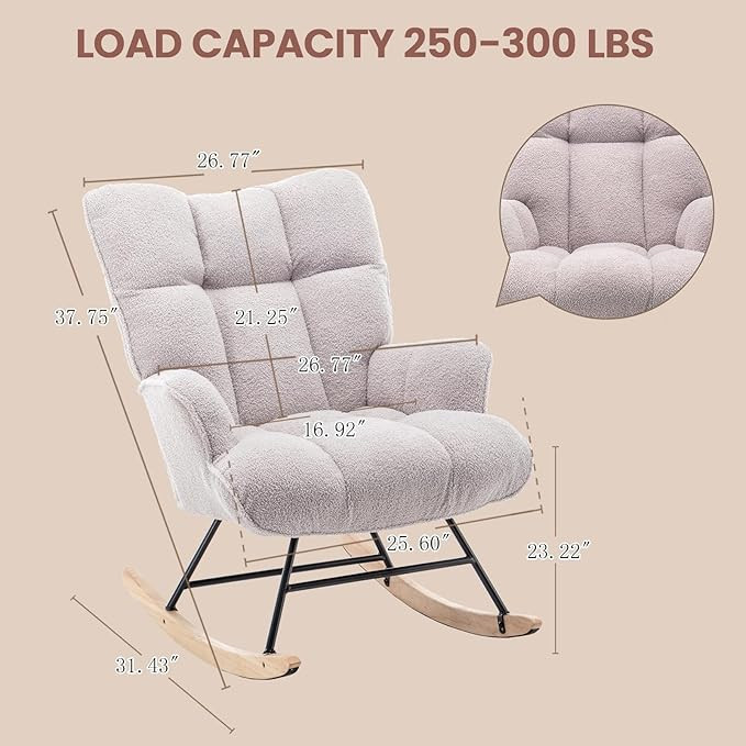 Saetsfeg Nursery Rocking Chair with High Backrest -250-300lbs max - light GREY Teddy (model: oy-tdryy-01) image 2