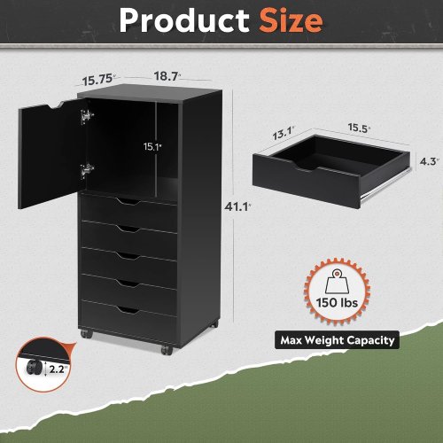 devaise rolling wooden storage cabinet with 5 drawers & 1 door - 41" x 16" x 19" - black - (model: asng079bl) image 2