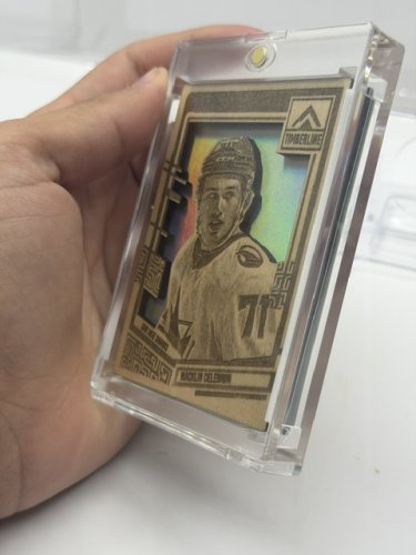 CRACK'N CARVE CUSTOM MADE TIMERLINE MACKLIN CELEBRINI SAN JOSE SHARKS WOODEN DIE CUT CARD RED SHIMMER image 3