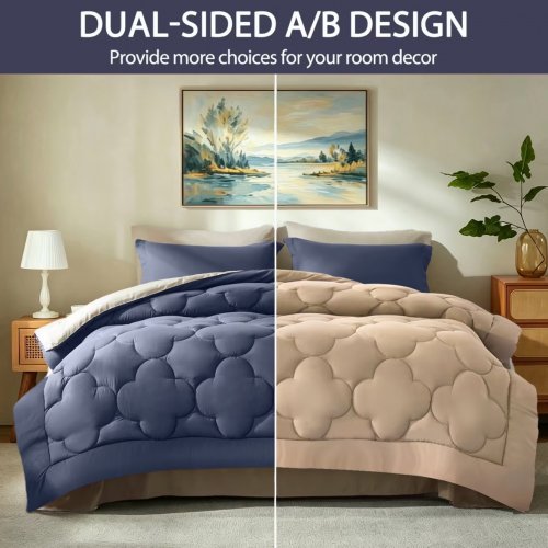 3PC Bedtreat Reversible Comforter Set - Full - Beige/Blue image 2