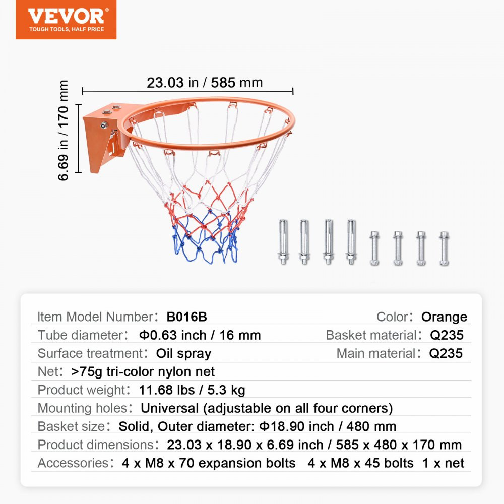 indoor/outdoor heavy duty integrated wall mounted standard basket ball hoop - 18" - orange (model: lq-10) image 2