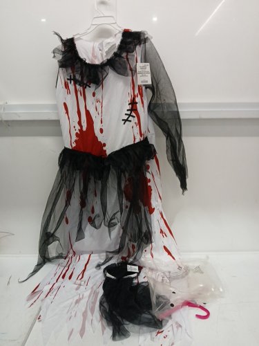 2PC GIRLS WAY TO CELEBRATE BLOODY BRIDE COSTUME - EXTRA LARGE (14-16) - WHITE/BLACK/RED image 3