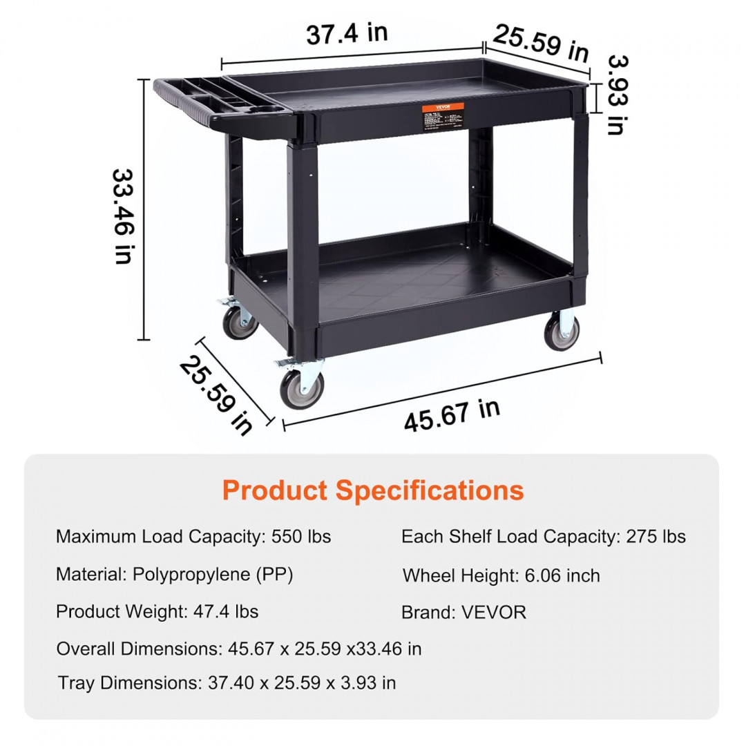 VEVOR Utility Service Cart - 2 Shelf - 37.4" x 25.6" x 33.5" 550 LBS MAX- Black (MODEL: JY-BS) image 2