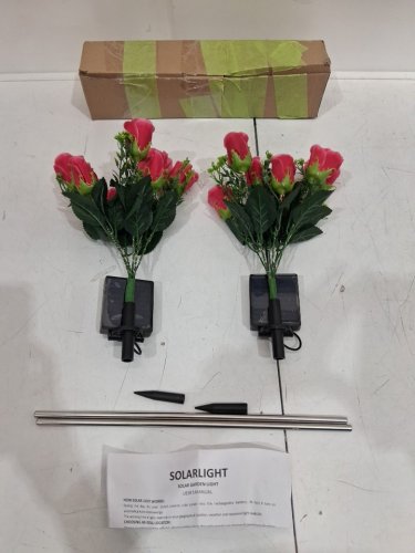 2PK SOLAR POWER ROSE LIGHTS GARDEN DECOR - DARK PINK/GREEN image 2