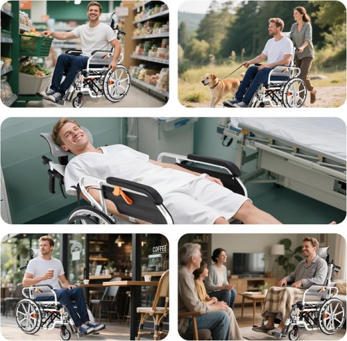 weyral 5-in-1 transport reclining wheelchair for adults/seniors with swing away elevated leg rests, flip back arms & high back removable headrest - 265lbs capacity - 27.5" x 47.2" x 55" - white/black (model:syiv100-ac608) image 3