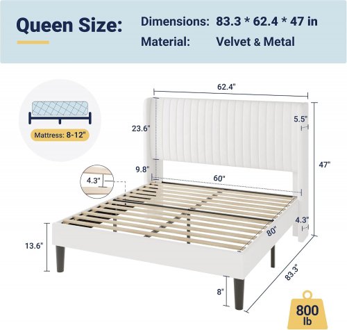 Allewie Bed Frame with Velvet Tufted Headboard - Queen - White (Model: LE6017-1Q) image 2