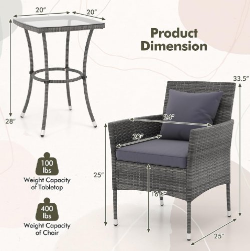 3pc DORTALA Wicker Patio Furniture Set Outdoor Table and Chairs with Tempered Glass Tabletop - grey (model:HW76012GR) image 2