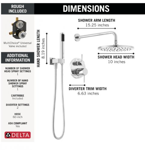 delta modern round shower system with rain shower head and handheld sprayer - 10"x8.2"x15.2"x6.6"- chrome - (model: 116683) image 2