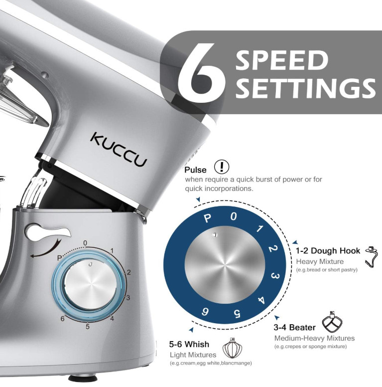 kUCCU 6-speed tilt-head electric stand mixer with splash guard & hook, whisk & beater- 8.5qt - 660w - silver - (model:sm-1508) image 2