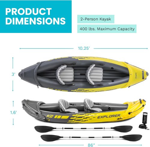 INTEX EXPLORER K2 2-PERSON INFLATABLE KAYAK SET WITH ALUMINUM OARS & PUMP - YELLOW (MODEL: 68307EP) image 2