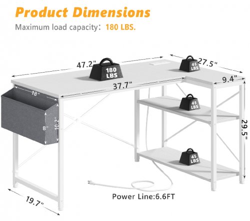 enhomee l shaped Computer Desk with power outlet - 19.7" x 47.2" x 29.5" - white (model:TM-CPD-120L-W) image 2
