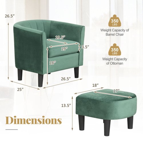 2pc costway teddy velvet barrel accent chair with ottoman - 350lbs max - green - (model: hv10669ls) image 2