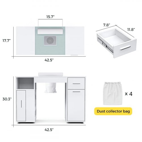 Manicure station with electric dust collector and wrist cushion - 30.3" x 42.5" - White image 2