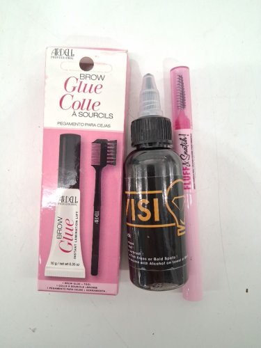 3 ASSORTED MAKEUP PRODUCTS - assorted brands, types and uses - ardell brow glue / visionary black airbrush liquid / nyx fluff and snatch brow powder pen image 2