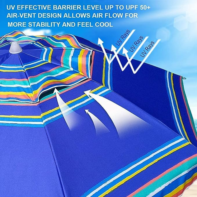 AMMSUN 7FT PORTABLE BEACH PATIO UMBRELLA WITH SAND ANCHOR - ADJUSTABLE HEIGHT WITH FLAPS - MULTICOLOURED BLUE image 2