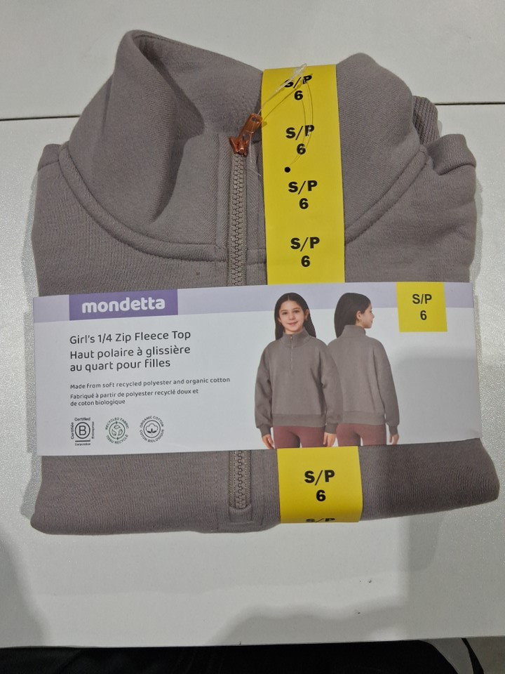 Girl's Mondetta 1/4 Zip ORGANIC COTTON Fleece Top - Small (6) - ZINC BEIGE - (Style: 1882626) image 2
