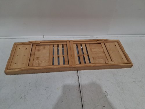 LUXURY BAMBOO ADJUSTABLE/expandable ORGANIZER BATHTUB CADDY TRAY WITH WINE HOLDER - 30" - 43" - natural wood image 3