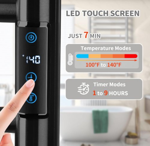 aquatrend 10 bar heated towel rack-Smart LED Control Time & Temp, IPX4 Waterproof Stainless Steel-20.8"W x 30"L-black (model: bk-109w-10t-ca-black) image 2