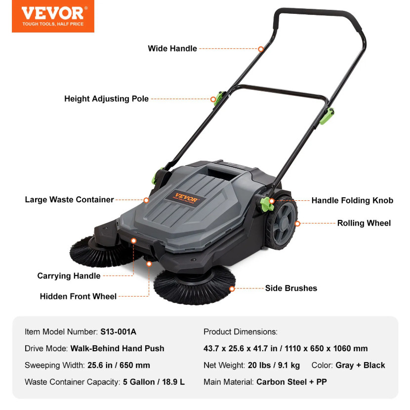 VEVOR Walk-Behind manual Hand Push Floor Sweeper - 25.6" Sweeping Width - gray/black (model: S13-001A) image 2