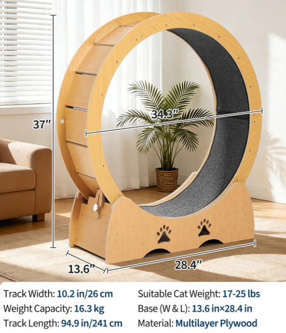 indoor cat running Treadmill Wheel with Detachable Carpet and Cat Teaser - 34" - wood grain color (MODEL: pps_33bpa7p6) image 2
