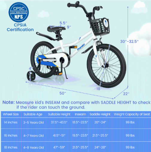 COSTWAY KIDS BIKE 4-8 YEARS WITH REMOVABLE TRAINING WHEELS WITH LIGHTING BOLT BASKET - 16" wheels - blue/white (MODEL: TS10085bs-16) image 2