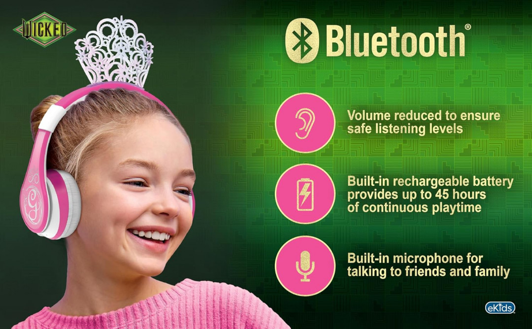 eKids bluetooth rechargeable 'Wicked Glinda' Headphones with tiara and built-in microphone - pink/white image 2