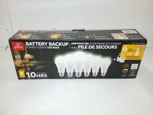 6pk Globe Battery Backup LED Bulb WITH 2 PORTABLE SOCKETS - 60w - 800lm - warm LIGHT (MODEL: 1924605) image 2