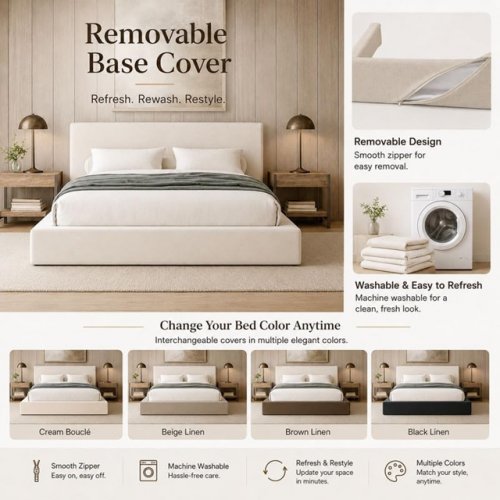 CLOUD FRAME Modular Soft Foam Square Bed BASE WITH REMOVEABLE AND Washable Zip Cover - QUEEN - WHITE LINEN (MODEL: image 2