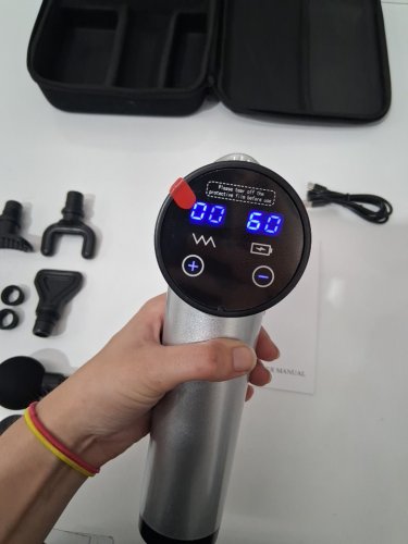 8pc aerlang 20-speed rechargeable handheld lcd touchscreen percussion massage gun with 6 interchangeable massage heads and carrying case - silver/black image 4