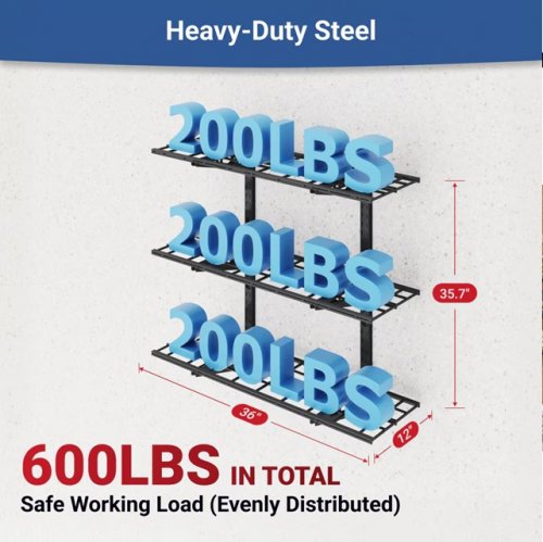 Fleximounts Heavy Duty Adjustable 3-Tier Steel Wall Shelving - 600LBS CAP - 36" x 12" x 35.7" - Black (Model: WS13B) image 2