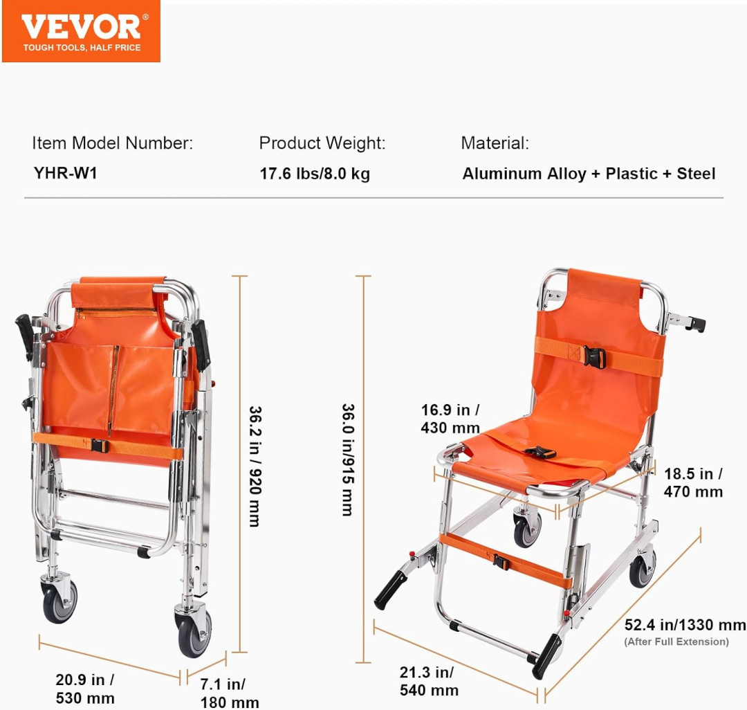 VEVOR Foldable Aluminum EMS Stair Climbing Chair with 2 wheels - 350LBS CAP - (Model: YHR-W1) image 2