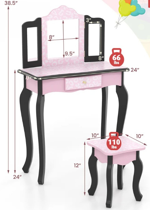 2PC KIDS COSTWAY Princess Dressing Table Writing Desk - 11" X 24" X 38.5" - PINK (MODEL: HY10337PI) image 2